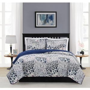 CANNON Chelsea Blue Multi Polyester 3-Piece Full/Queen Quilt Set, Floral Themed, for Men and Women, Oeko-TEX Certified Confidence