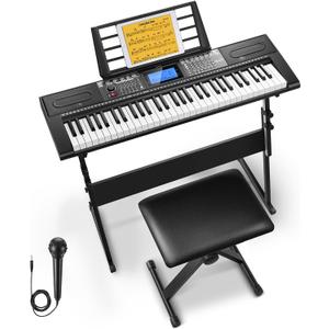 Donner 61 Key Keyboard Piano, Electric Piano Keyboard Kit with 249 Voices, 249 Rhythms - Includes Piano Stand, Stool, Microphone, Gift for Beginners, Black (DEK-610S), Full