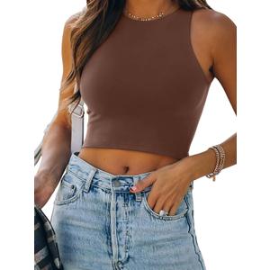 REORIA Butsmooth Women's Sleeveless Halter Neck Double Lined Casual Basic Crop Tank Tops (Medium, Coffee)