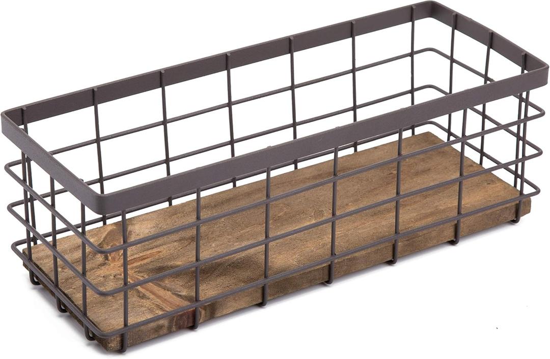 TIEYIPIN Small Metal Wire Storage Basket, Detachable Wood Base Storage Organizer Bin Basket for Kitchen Cabinets, Bathroom, Pantry, Garage, Laundry Room - Brown (1 Pack)
