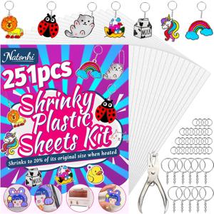 Natonhi 251Pcs Shrinky Dink Sheets,Shrink Paper Keychain Kit with 50pcs Shrinky Paper,100PCS Keychains and 100 Open Iron Ring for Kids Creative Craft Marking, Shrinky Dink Handprint Keychains