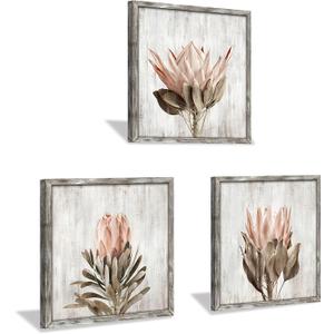 Pink Floral Wall Art Picture: Blossom Protea Flower Artwork Print on Rustic Wood Framed for Home Decor (12 x 12 x 3 Panels)