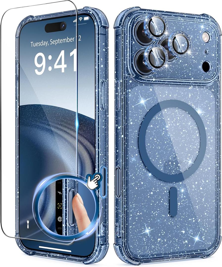 BERFY for iPhone 17 Pro Max Case for Women, Compatible with MagSafe, Clear Glitter Shockproof Protective Case, Anti-Yellowing, with Screen Protector & 3 Diamond Camera Lens Covers 6.9", Sparkle Blue