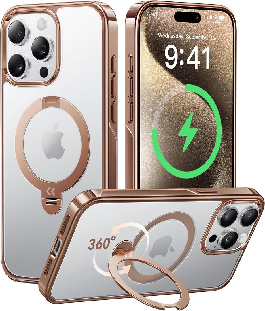 CASEKOO Desert Titanium for iPhone 15 Pro Max Case with 360 Spin Magnetic Stand [Compatible with Magsafe][16FT Military Protection] Polished for iPhone 15 ProMax Case with Stand Ring 6.7'', Rose Gold