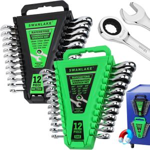 24-Piece Combination Ratchet Wrench Set, Metric (6-18mm) & SAE (1/4''-3/4'') Wrenches Set, 12-Point 72-Tooth Ratchet Spanners with Magnetic Base Organizer, Chrome Vanadium Steel for Auto Mechanic Tool