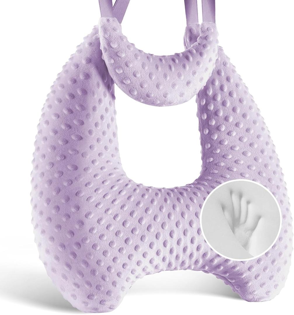 Memory Foam Kids Travel Pillow, Car Pillow for Kids, H-Shape Car Pillows for Sleeping, Removable Pillowcase, Adjustable, Velvet Dots, Purple