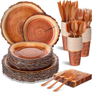 350 Pcs Camping Wood Grain Slice Tableware for 50 Guests Rustic Camo Hunter Plates Disposable Napkins Cups Plates Cutlery Hunting Plastic Knives Fork Spoon for Camping Party