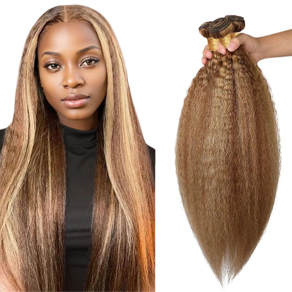 P4/27 Honey Blonde Bundles Brown Kinky Straight 3 Bundles 32 32 32 Inch Unprocessed Brazilian Highlight Yaki Straight Bundles Human Hair Extensions