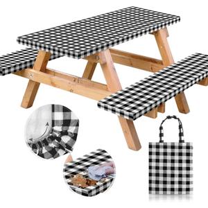 RNOONY Vinyl Fitted Picnic Table Cover with Bench Covers and Bag,8ft Outdoor Waterproof Picnic Tablecloth with Elastic Edges, 96x30 Inches 3 Pcs Set (Black Checkered)