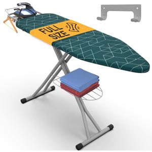 Xabitat Full Size Ironing Board 57" X 15" with Wall Mount Hanger, Full Metal Construction Iron Board, Built in Iron Caddy, Heat & Scorch Resistant Fabric, Cord Holder, Anti-Skid Feet, Heavy Duty (Green + Grey)