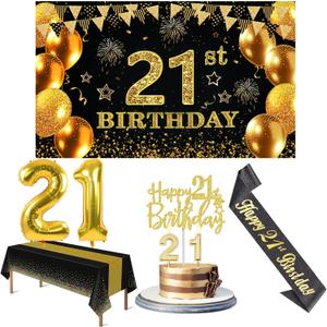 21st Birthday Decorations for Him Her with Banner, Black and Gold Table Cloth, Number Balloons, Large 21st Birthday Sash, Cake Topper and Candles