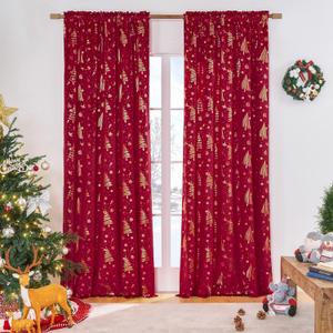 96 inches Long Red christmas curtains velvet for Living Room, Printed with Grinch & Tree Pattern Thermal Insulated Blackout Curtains drapes for winter 96 inch length 2 Panels Set cortinas navideas