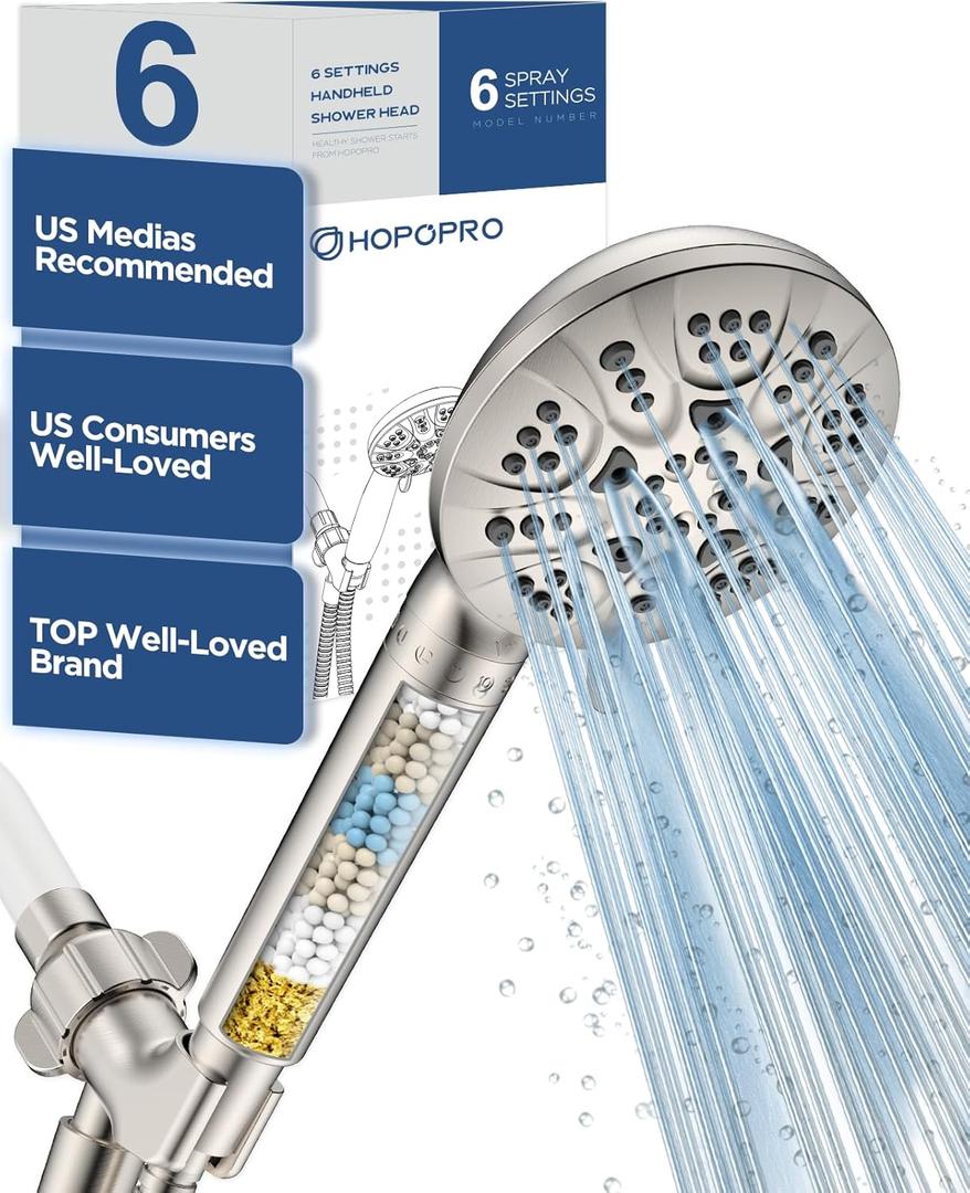 6-Mode High Pressure Handheld Shower Head with Filter, HOPOPRO High Flow Filtered Handheld Showerhead, Water Softener Filters for Hard Water - Removes Chlorine - Improves Skin Hair Condition (Brushed Nickel Modern)