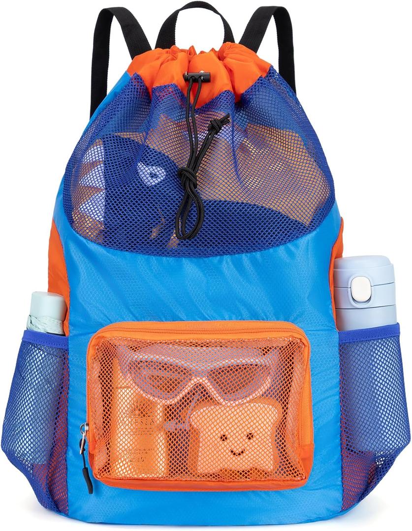 Swim Bag for Kids Drawstring Backpack for Boys Lightweight Mesh Beach Backpack Swimming Pool Sports Gym String Bag Blue