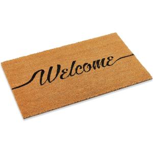 Kempf Welcome Coco Coir Doormat, 18" x 30", Cursive Script Design, Natural Fiber Front Door Mat with Vinyl Non-Slip Backing, 0.5" Thick