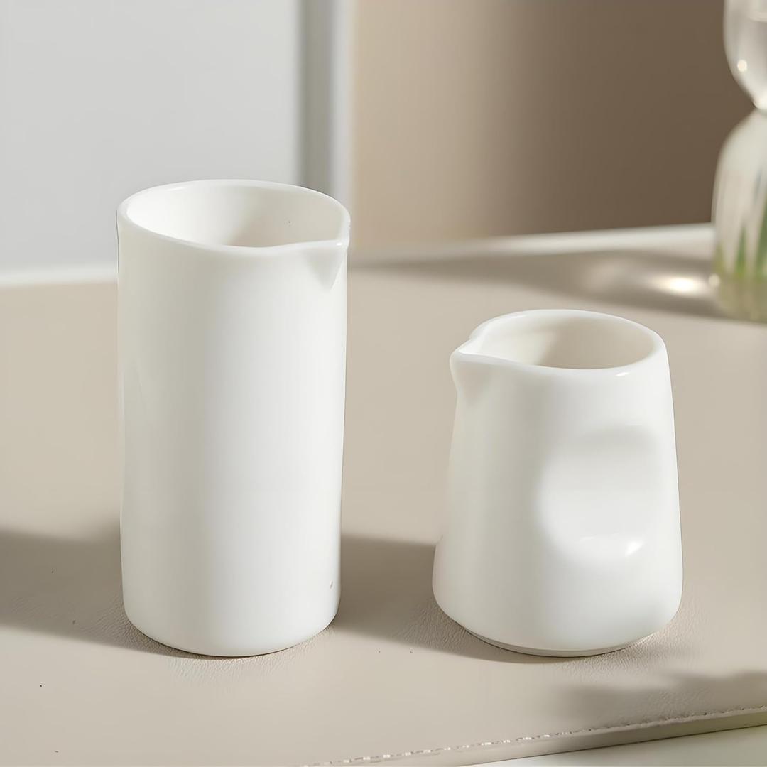 Modern White Mini Ceramic Creamer Container and Small Coffee Milk Pitcher, Minimalist Design(3 oz/4 oz for 2)