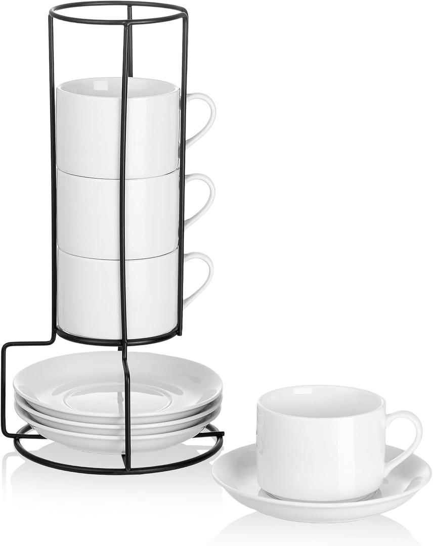 Cappuccino Cups Set of 4, 8oz Stackable Coffee Cups Set with Saucers and Metal Stand, White Coffee Mugs and Saucers for Cappuccino, Latte, Americano and Tea