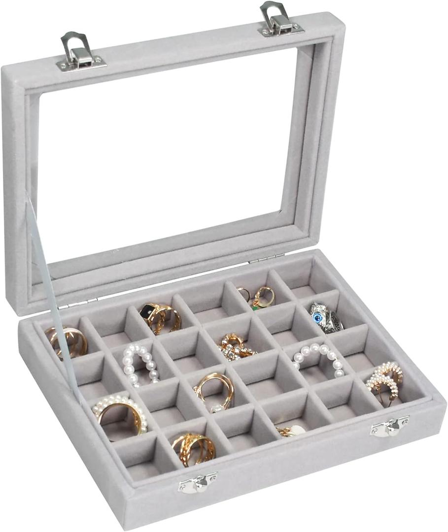 2 x Vicoter Velvet Jewelry Box 24 Grid Jewelry Ring Display Organiser Box Tray Holder Earrings Storage Case for Girls Wife Mom Women (Gray)