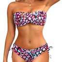 Women's Strapless Bandeau Bikini Set - Twist Front Two Piece Swimsuit Top with Side Tie Bathing Suit Bottom, L