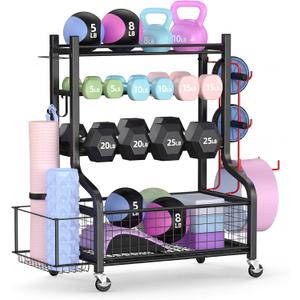 PLKOW Dumbbell Rack, Weight Rack for Dumbbells, Home Gym Storage for Dumbbells Kettlebells Yoga Mat and Balls, All in One Workout Storage with Wheels and Hooks, Powder Coated Finish Steel