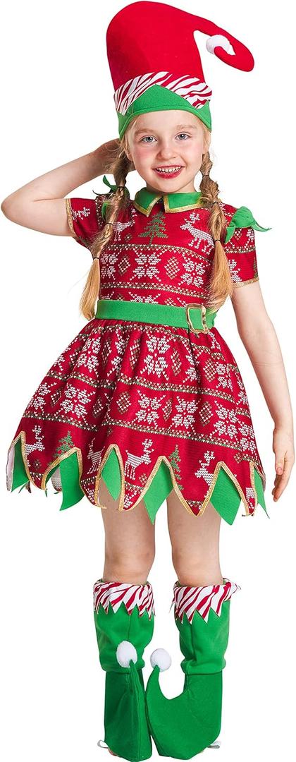 IKALI Girls Holiday Elf Costume, Kids Santa's Helper Costume Christmas Elf Outfit Santa Dress with Hat & Boot Covers 7-8 Years