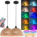 Battery Operated Pendant Light with Remote,Battery Ceiling Lights No Wiring,Battery Chandelier with RGB Rechargable Light Bulbs 50hrs Battery Life,2 Pack Rattan Boho Hanging Light for Kitchen Island