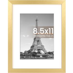 Upsimples 8.5 By 11 Picture Frame, Display Pictures 6x8 with Mat or 8.5 x 11 Without, Wall Hanging Photo Frames, Gold, 1 Pack