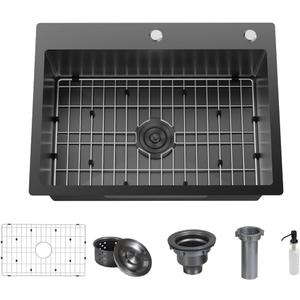 30 x 22 Inch Black Drop in Kitchen Sink, 304 Stainless Steel Single Bowl Sink, Topmount 9 Inch Deep Wet Bar sink for Kitchen Outdoor Prep RV Yard Laundry Utility with Dish Grid & Drain