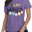 Happy Easter Shirts for Women Easter Bunny T-Shirt Rabbit Graphic Tees Easter Egg Holiday Shirt Tops (Purple, L)