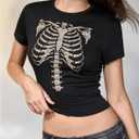 Women's Retro Gothic Skeleton Graphic Tees Y2K Vintage Short Sleeve Crop Tops Crew Neck Summer T Shirts (Black, L)