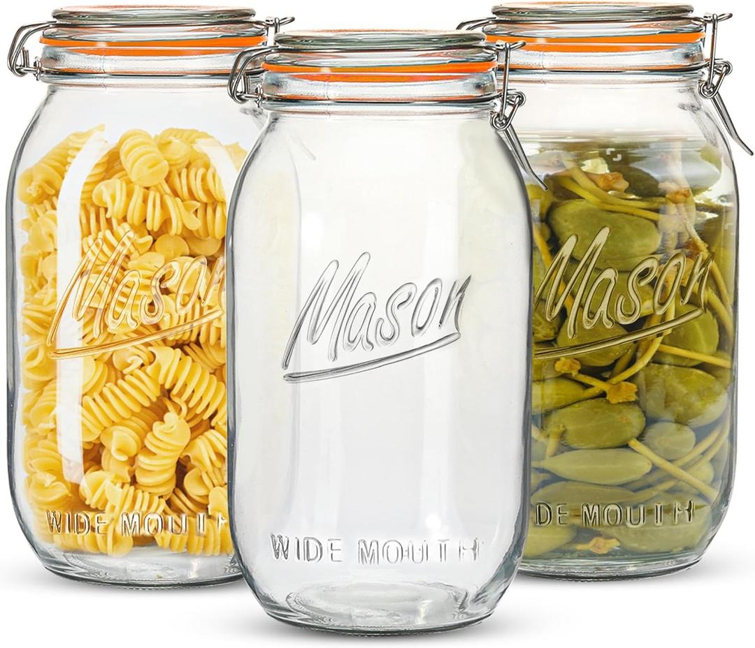 Wide Mouth Mason Jars 64 oz 3 Pack Half Gallon Glass Jar with Airtight Lids, Large Mason Jar with Scale Mark Food Storage Canning Jars for Pickling Flour Sugar Pasta Oats Cereal