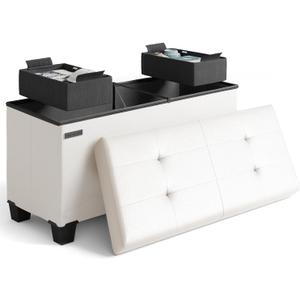 Storage Ottoman Bench with Bins, 30-in Storage Bench for Bedroom End of Bed, Folding Foot Rest Ottoman for Living Room Max 660lbs, Faux Leather Ottomans, Cream, 15"D x 30"W x 15"H
