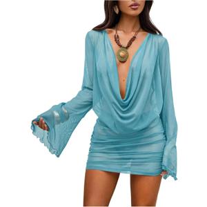 SOLY HUX Women's Summer Sheer Mesh Beach Mini Dress Draped Deep V Neck Bell Sleeve Swimsuit Cover Up Beachwear (Blue, L)