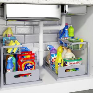 REALINN Under Sink Organizer, Pull Out Cabinet Organizer 2 Tier Slide Out Sink Shelf Cabinet Storage Shelves, Storage for Kitchen Bathroom, Grey, 2 Pack