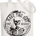 ANATTASOUL Halloween Canvas Tote Bag Black Skull Circle Reusable Cotton Bag for Women, Durable Cloth Shoulder Bags with Zipper Pockets for Shopping, Vacation, Work, Gym