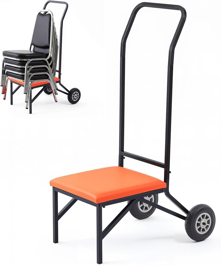 DaisyInner Heavy Duty Stacking and Banquet Chair Dolly Hand Truck with Oversized Rubber Wheels and Orange Cushion for 8-10 Chairs Coated Iron Transport Cart for Events Party Hotels Church