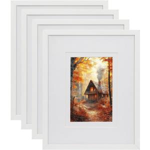 4 Pack White Picture Frame with Double White Mat, 8 by 10 Matted Frame for 4x6, Family Wedding Frame Set for Tabletop or Wall