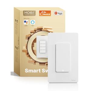 MOES WiFi Smart Light Switches, No Netural Wire No Hub Required, 2.4GHz Single Pole Switch, Compatible with Alexa Google Assistant (1 Gang Switch)