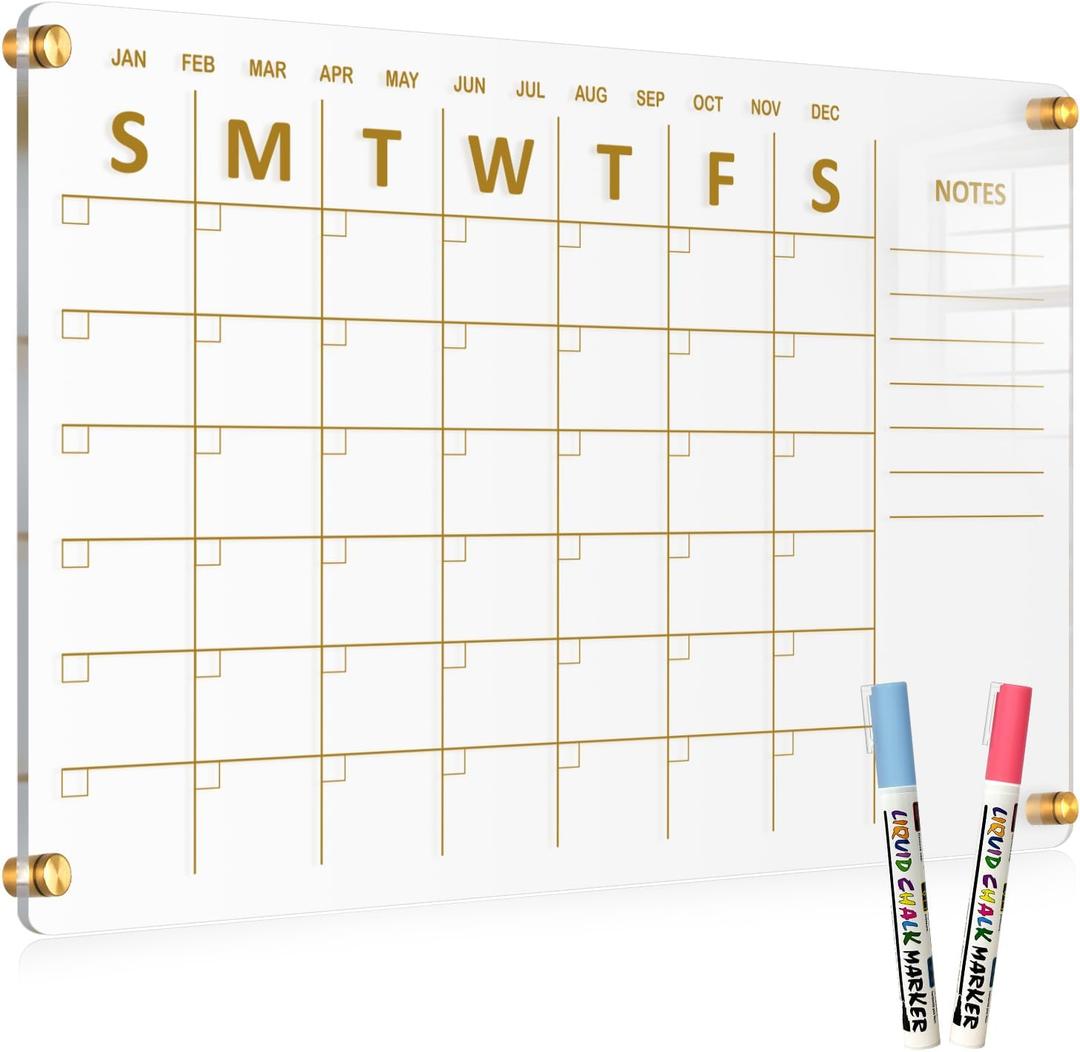 Acrylic Calendar for Wall, 24"x16" Gold Dry Erase Board Weekly Planner Wall Mounted Board, Frameless White Board for Home, Office, School