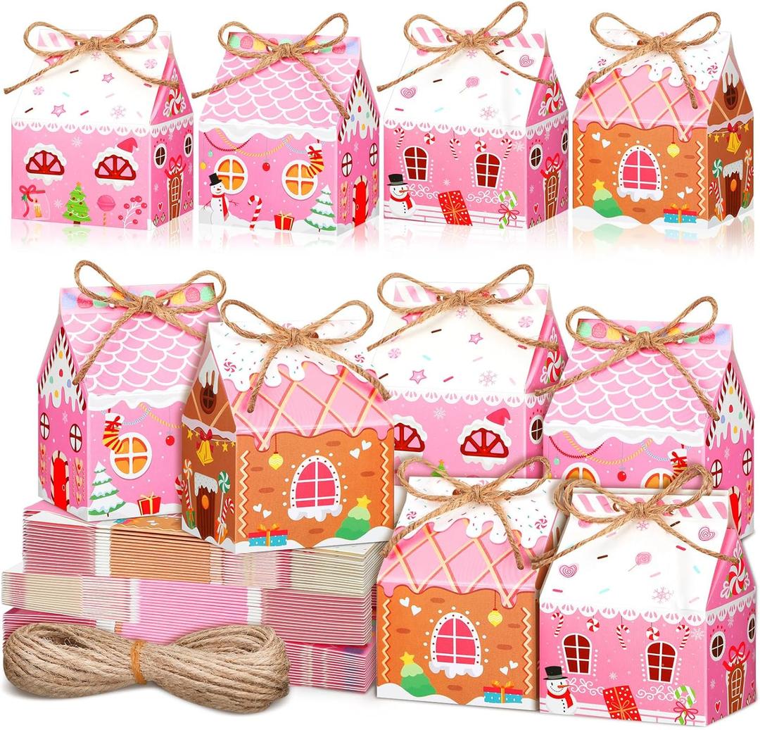 Reallnaive 48 Pcs Mini Pink Christmas Cookie Boxes Gingerbread House Gift Box with String Kraft Paper Christmas Treat Boxes Mini Goodie Containers for Xmas Party Packaging Favor Supplies 4 Designs