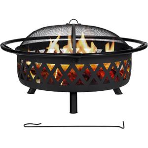 SUNCREAT 42 Patio Fire Pit Wood Burning with Mesh Spark Screen, Bonfire Outdoor firepit with Fireplace Poker, Black