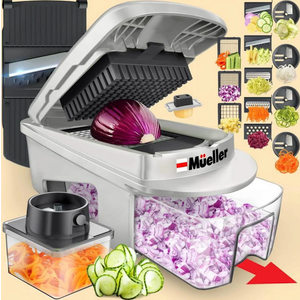 Mueller Pro-Series All-in-One, 12 Blade Mandoline Slicer for Kitchen, Food Chopper, Vegetable Slicer and Spiralizer, Cutter, Dicer, Grater, Kitchen Gadgets Sets with Container, White Sand/Gray