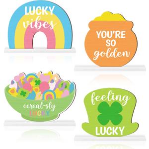 St. Patrick's Day Centerpieces - Lucky Charms Wooden Tiered Tray Signs Table Decorations, Cereal-sly Green Clover Detachable Table Topper for Home Kitchen Bedroom Irish Day Event Supplies