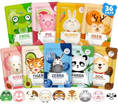 KONEUK 36 Pack Cute Animal Kids Face Mask, Sheet Collagen Moisturizing Face Mask for Girls Teens, Mothers Day Gifts for Mom, Bulk Spa Party Gifts and Birthday Gifts