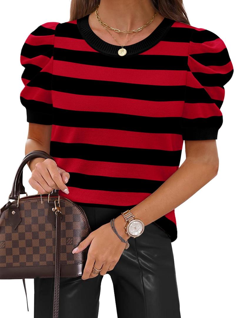 Sampeel Womens Tops Short Sleeve T Shirts Spring Summer Women's Clothing Cruise 2026 Ladies Tops and Blouses Business Casual Outfits Loose Fit Plus Size Sweater Black Striped 2XL