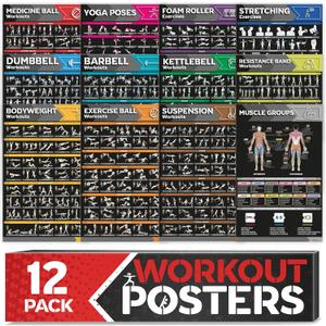 [12-PACK] Laminated Large Workout Poster Set - Perfect Workout Posters for Home Gym - Exercise Charts Incl. Dumbbell, Yoga Poses, Resistance Band, Kettlebell, Stretching & More Fitness Gym Posters