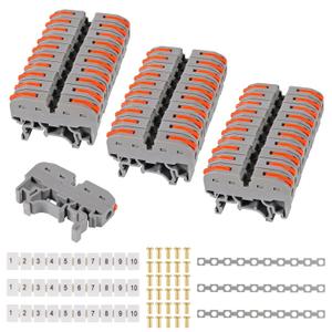 DIN Rail Terminal Blocks Kit, 30PCS Universal Compact Wire Wiring Connector with 3pcs Marker Strip, 3pcs Connection Bar and 30pcs Screws, 28-12AWG