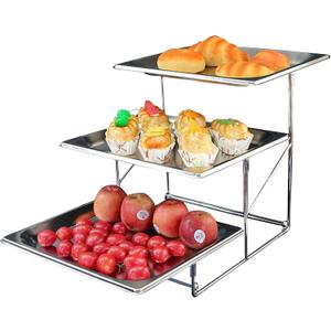 High-Capacity 3 Tiered Serving Trays Platters with Cover Stainless Steel Dessert Cupcake Table Display Stands Food Snake Fruit Catering Supplies Buffet Display Set (A1, 2cm Depth Platter)