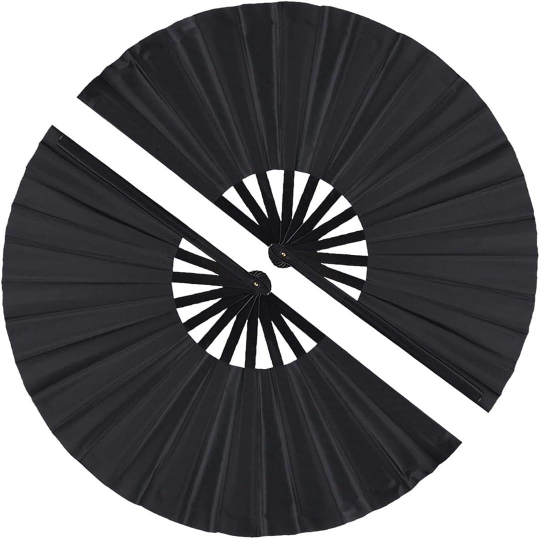 2 x 2 Pack Large Folding Hand Fan, Nylon-Cloth Vintage Retro Fabric Fans, Chinese Kung Fu Tai Chi Hand Fan for Men/Women, Festival, Dance, Gift, Performance, Decorations (Black)