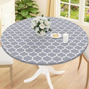 Smiry Round Picnic Tablecloth, Waterproof Elastic Fitted Table Covers for 36" - 44" Tables, Wipeable Flannel Backed Vinyl Tablecloths for Camping, Indoor, Outdoor, Grey & White